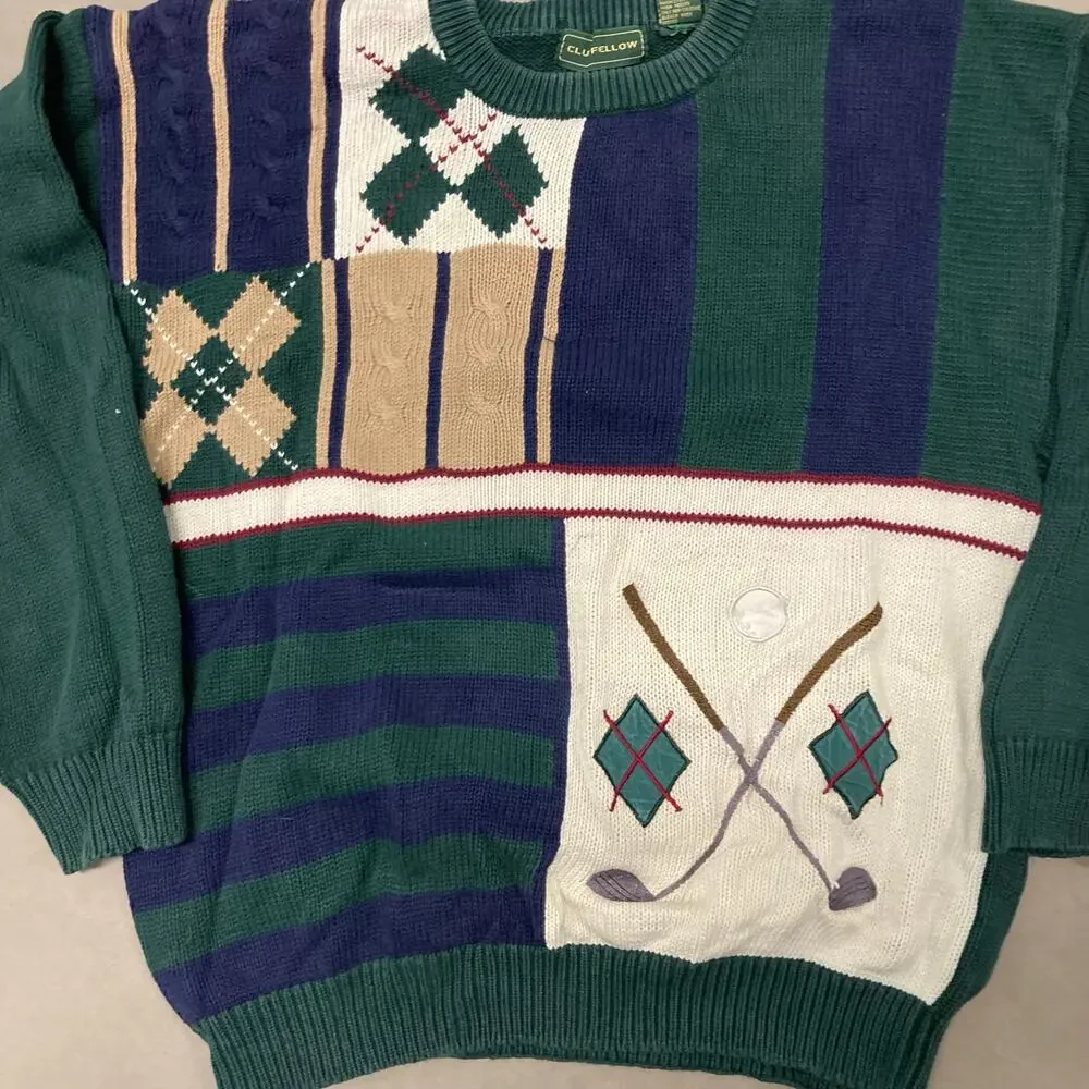 vintage y2k green golf patterned sweater